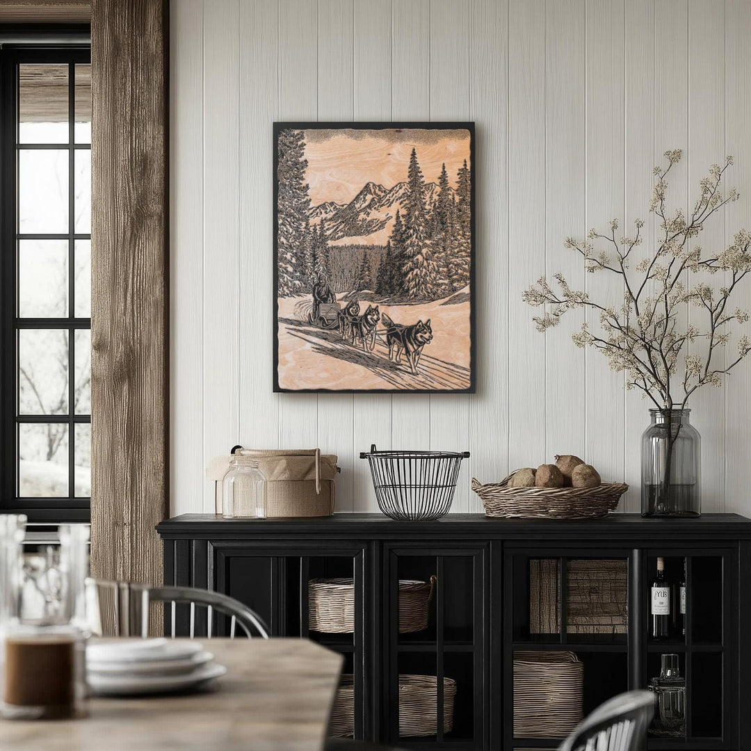Dog Sledding Engraved Illustration