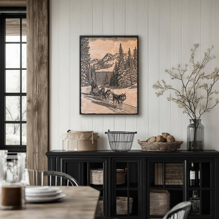 Dog Sledding Engraved Illustration