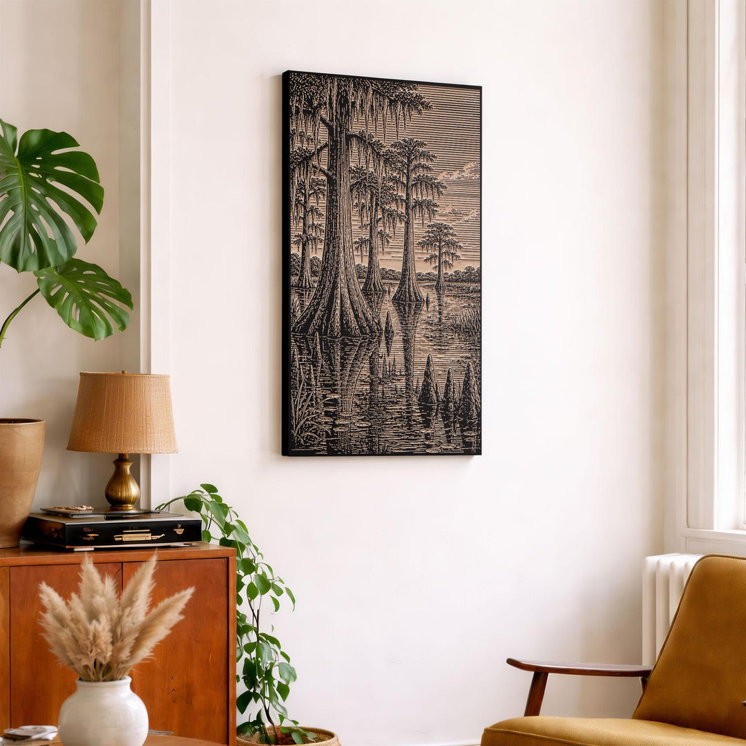 Bald Cypress Swamp Reflection Engraved Birch Art Panel