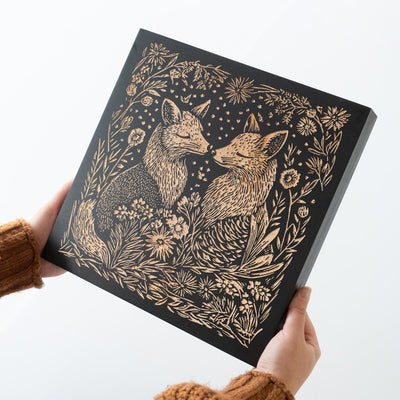 Fox Couple Engraved Birch Wood Panel