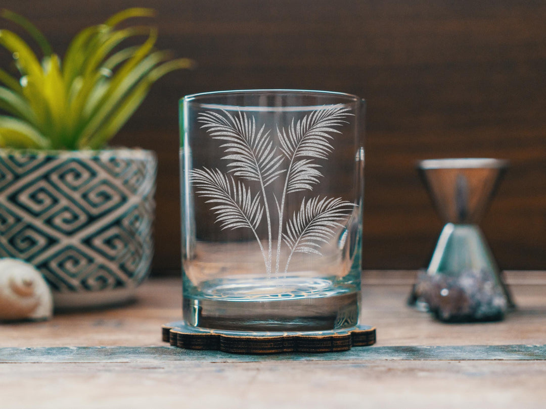 Palm Fronds Glasses | Palm Leaves Personalized Whiskey, Wine &amp; Beer Glassware, Tropical Themed Drinkware, Island Lover Beach Home Decor Gift