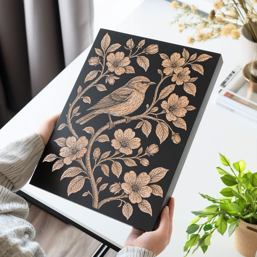 Songbird Perched Among Flowering Branches Engraved Birch Art Panel