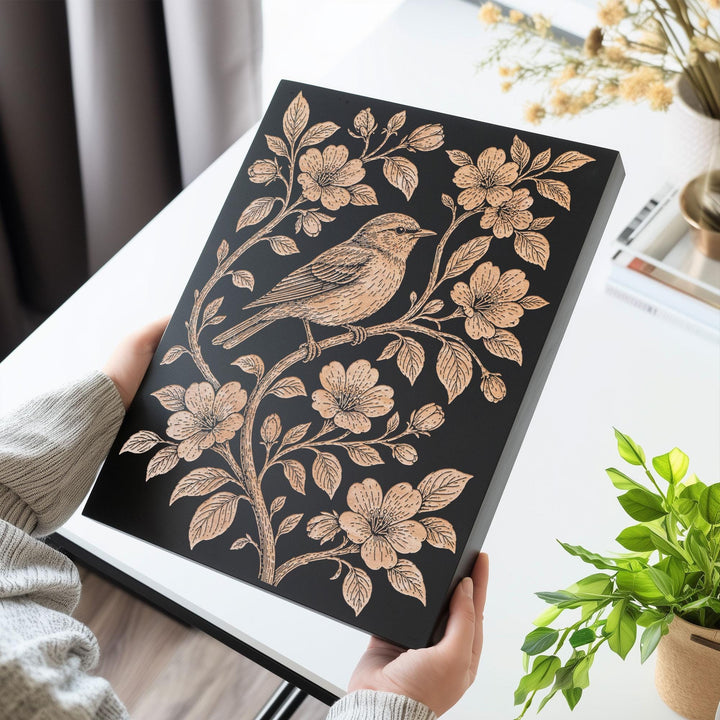 Songbird Perched Among Flowering Branches Engraved Birch Art Panel