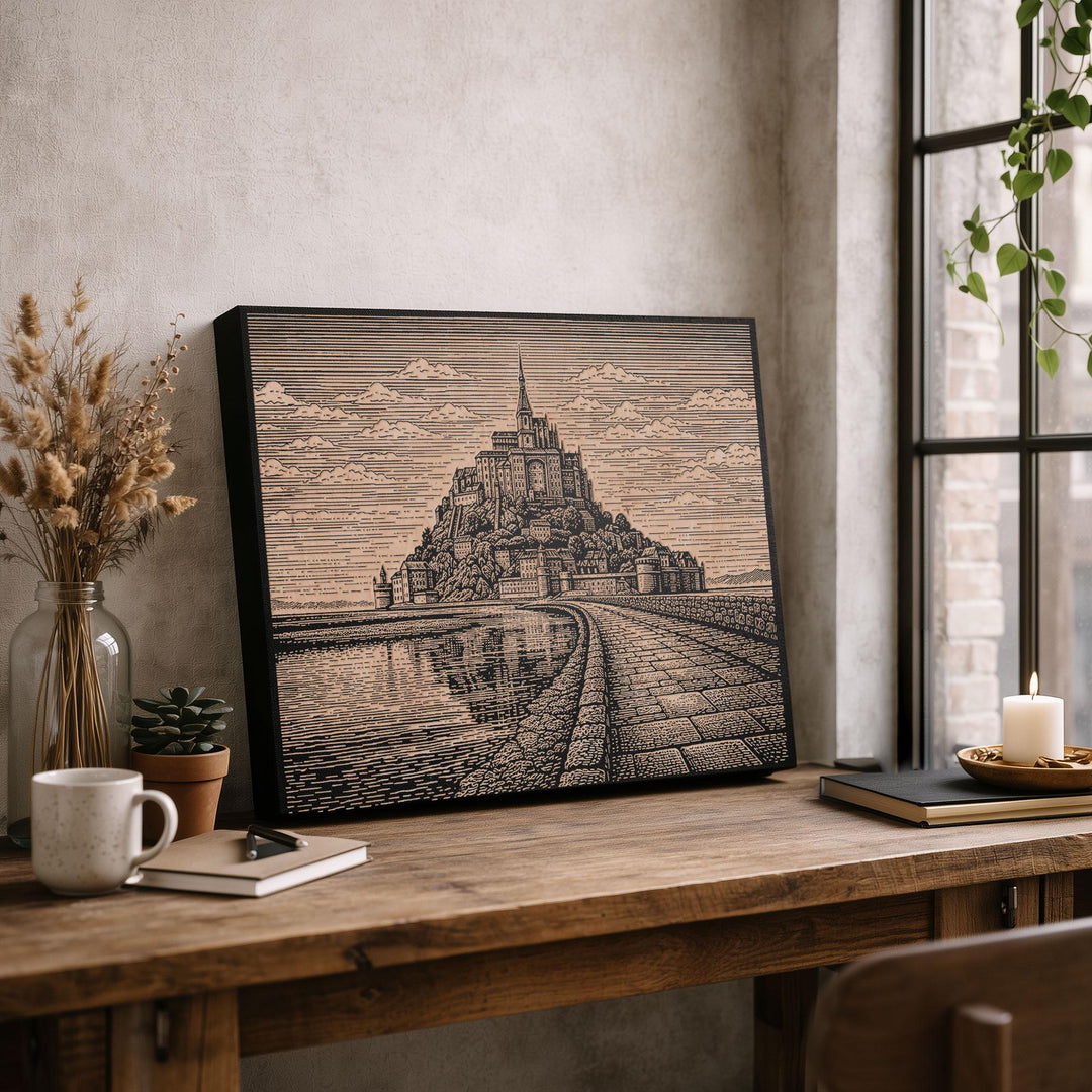 Mont Saint-Michel Engraved Birch Art Panel