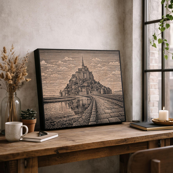 Mont Saint-Michel Engraved Birch Art Panel