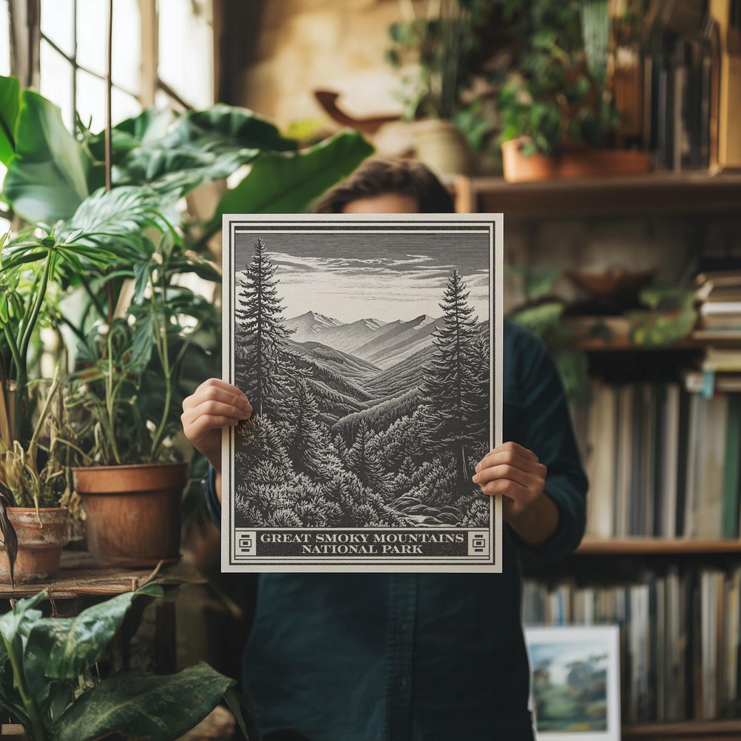 Great Smoky Mountains National Park Lithograph, Vintage Tennessee &amp; North Carolina poster design, archival quality matte fine art print gift