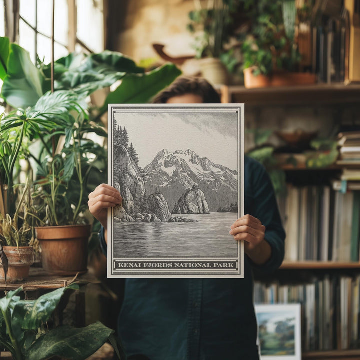 Kenai Fjords National Park Lithograph Style Print - Vintage Alaska archival matte fine art print. Harding Icefield Kenai Peninsula Gift