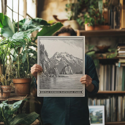 Kenai Fjords National Park Lithograph Style Print - Vintage Alaska archival matte fine art print. Harding Icefield Kenai Peninsula Gift