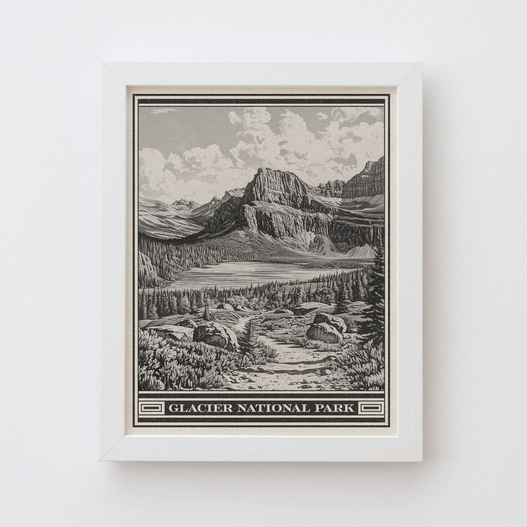 Glacier National Park Lithograph Style Print - Vintage Grinnell Lake Montana archival matte fine art print.  Cliffs of Angel Wing hiker gift