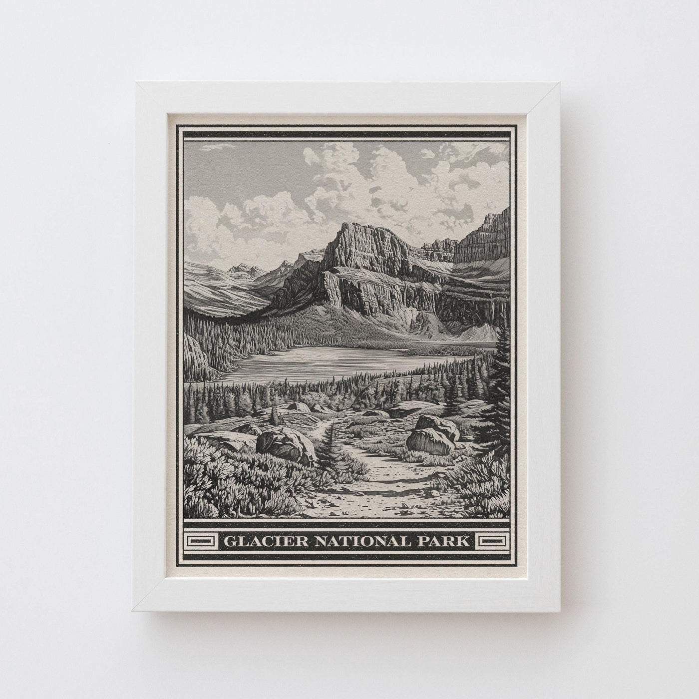 Glacier National Park Lithograph Style Print - Vintage Grinnell Lake Montana archival matte fine art print.  Cliffs of Angel Wing hiker gift