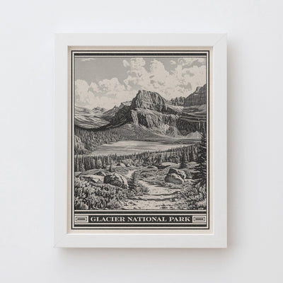 Glacier National Park Lithograph Style Print - Vintage Grinnell Lake Montana archival matte fine art print.  Cliffs of Angel Wing hiker gift