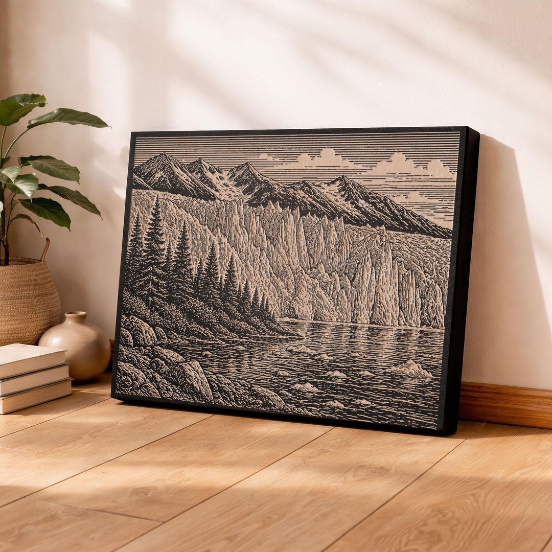 Glacier and Spruce Shore Engraved Birch Art Panel