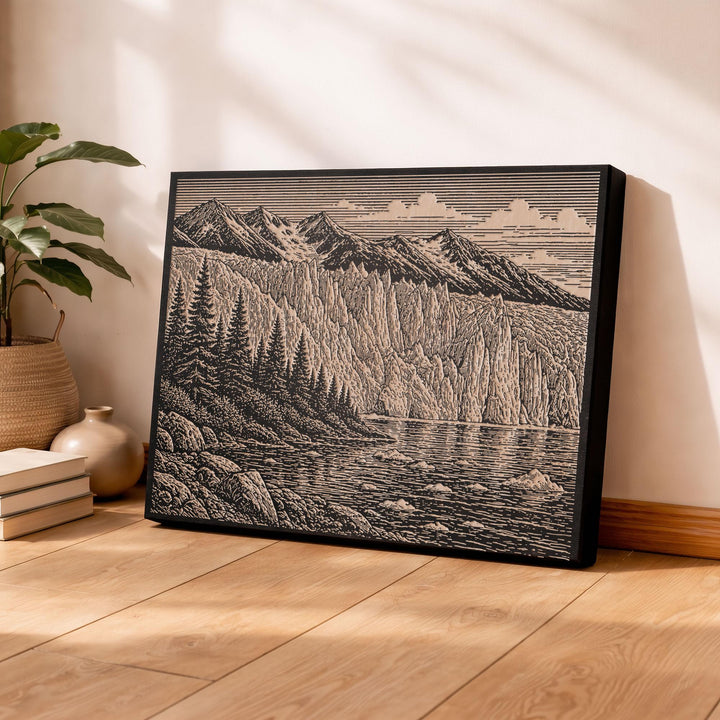 Glacier and Spruce Shore Engraved Birch Art Panel
