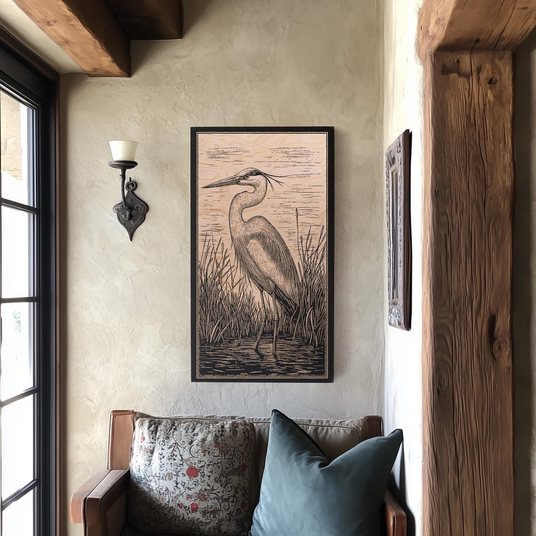 Great Blue Heron Engraved Birch Wood Panel | Block Print Inspired Bird Wall Art, Nature Lovers Illustration Print, Coastal Home Decor Gift