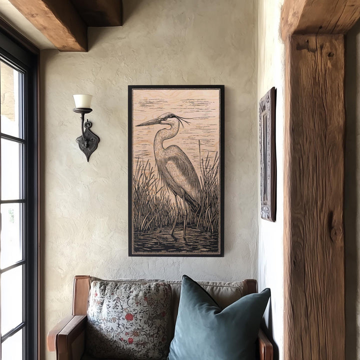 Great Blue Heron Engraved Birch Wood Panel | Block Print Inspired Bird Wall Art, Nature Lovers Illustration Print, Coastal Home Decor Gift