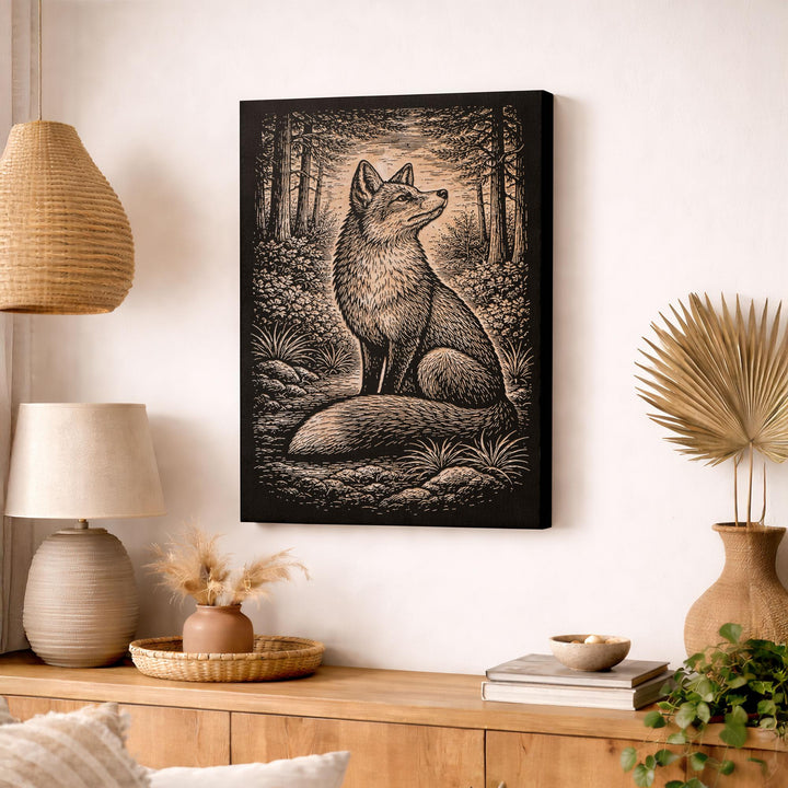 Alert Red Fox in Woodland Setting Engraved Birch Art Panel