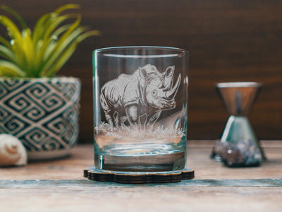 Rhinoceros Glasses | Personalized Safari Whiskey, Wine & Beer Etched Glassware Gift, African Wildlife Themed Drinkware, Memorable Trip Gift.