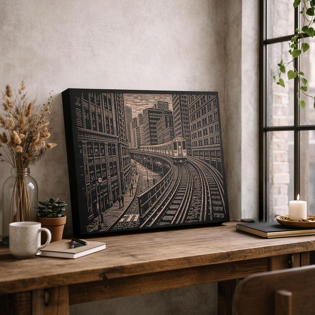 Chicago Elevated Train Engraved Birch Art Panel