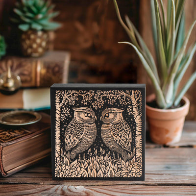 Great Horned Owl Couple Engraved Birch Wood Panel
