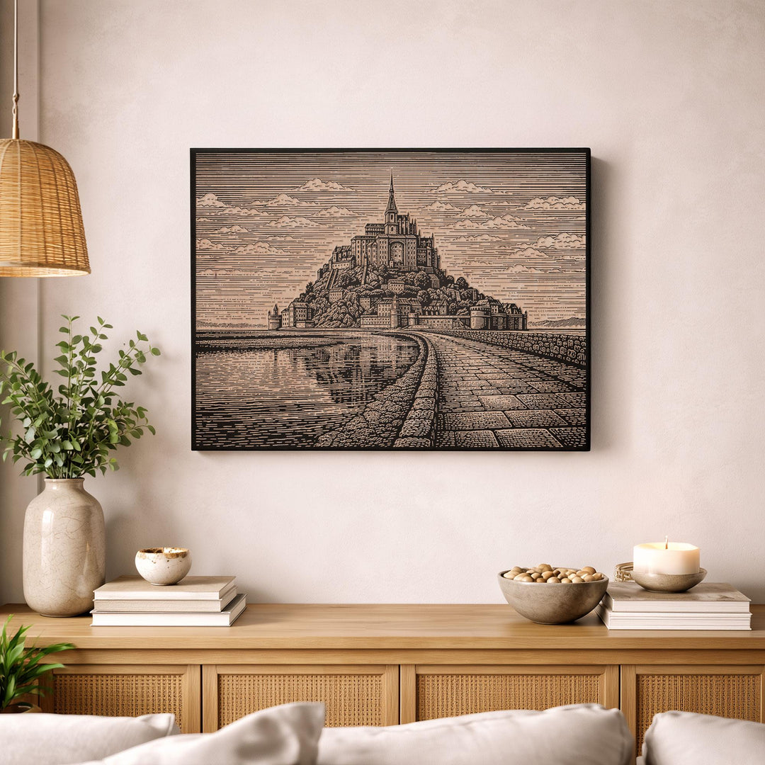 Mont Saint-Michel Engraved Birch Art Panel