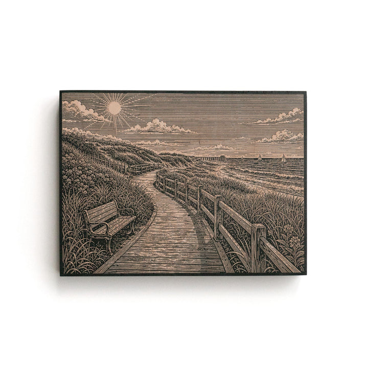 Seaside Boardwalk Stroll Engraved Illustration