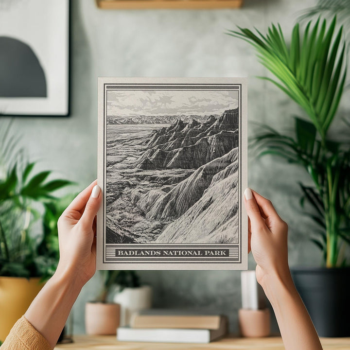 Badlands National Park Lithograph Style Print - Vintage South Dakota archival matte fine art print. Castle Trail Art. Western Desert Gift