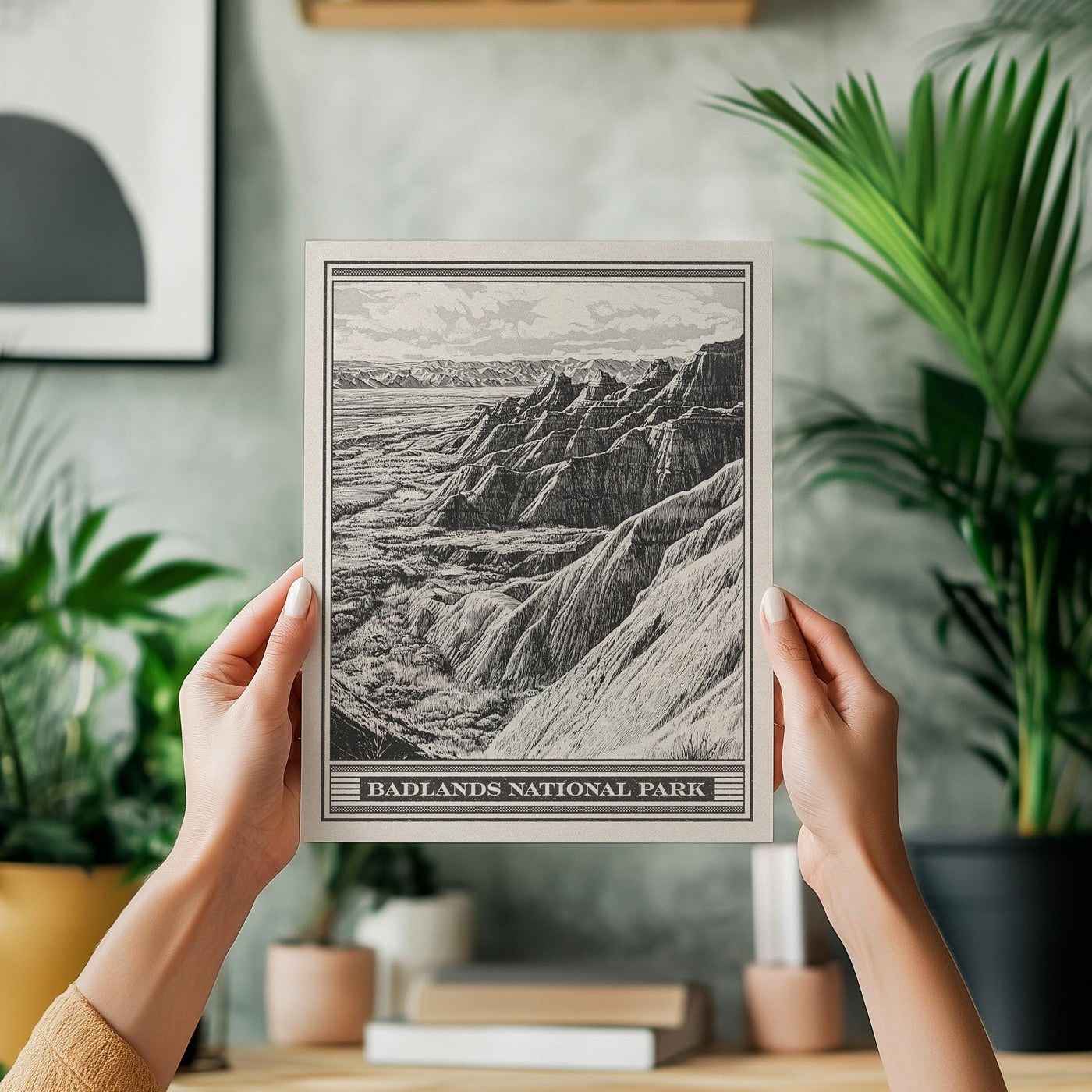 Badlands National Park Lithograph Style Print - Vintage South Dakota archival matte fine art print. Castle Trail Art. Western Desert Gift