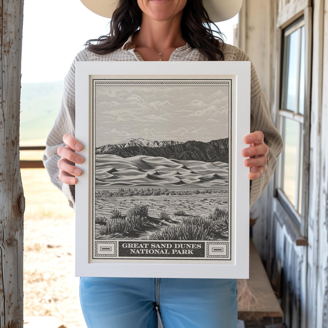 Great Sand Dunes Lithograph Style Print - Vintage Colorado archival matte fine art print. Star Dune Medano Pass Primitive Road. Western Gift