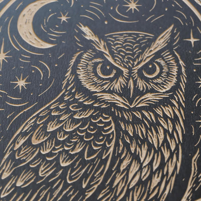 Owl & Moon Engraved Birch Illustration