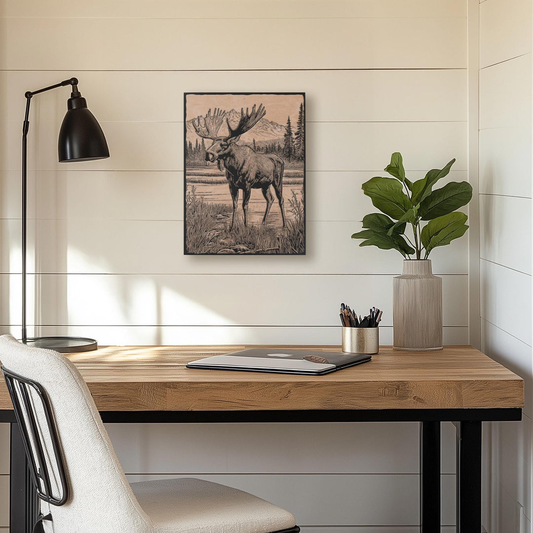 Moose in a Bog Engraved Illustration