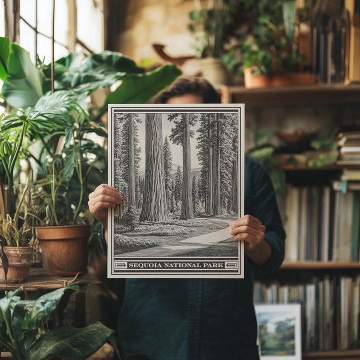 Sequoia National Park Lithograph Style Print - Vintage California archival matte fine art print. Giant Forest Sierra Nevada Mountains Gift.