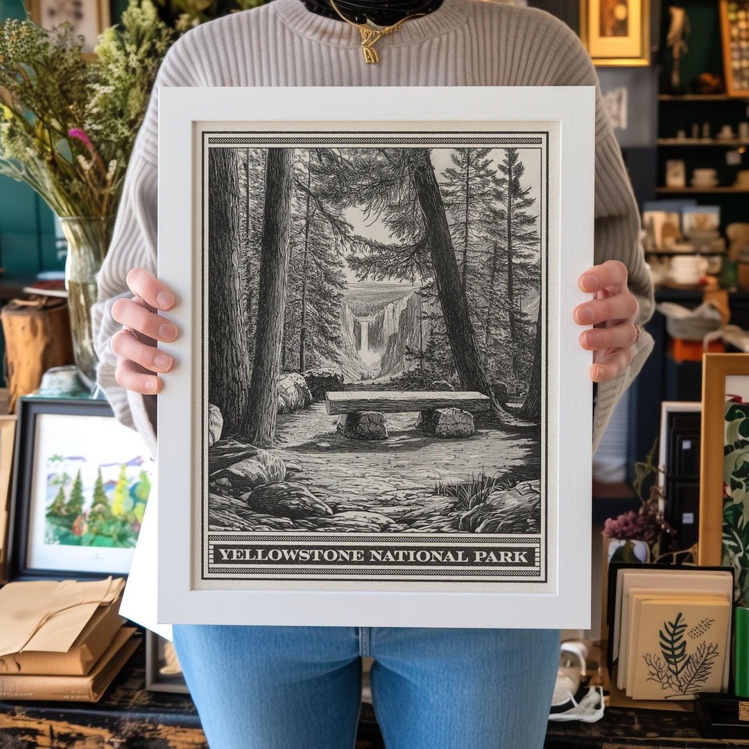 Yellowstone National Park Upper Falls Lithograph - Vintage Wyoming poster design, archival matte fine art print, Outdoorsy Waterfall Gift