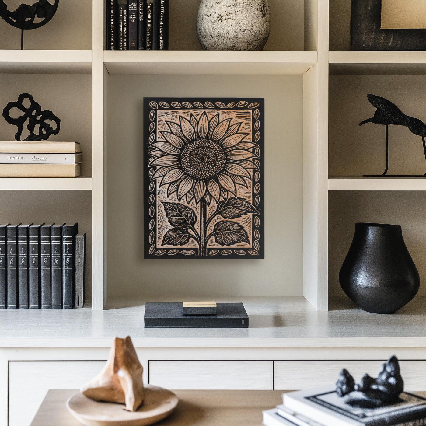 Folk Art Sunflower Engraved Birch Illustration