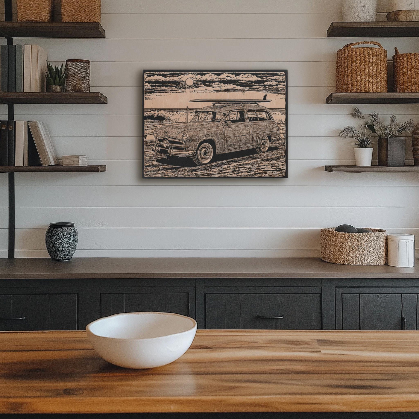 Vintage Beach Station Wagon with Surfboard Engraved Illustration