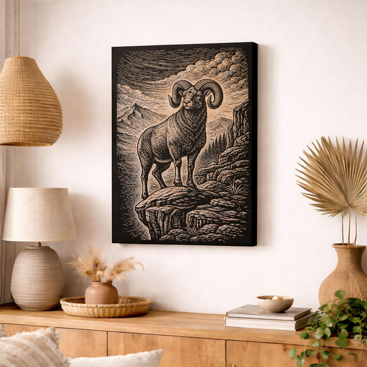 Bighorn Ram on Rocky Ledge Engraved Birch Art Panel