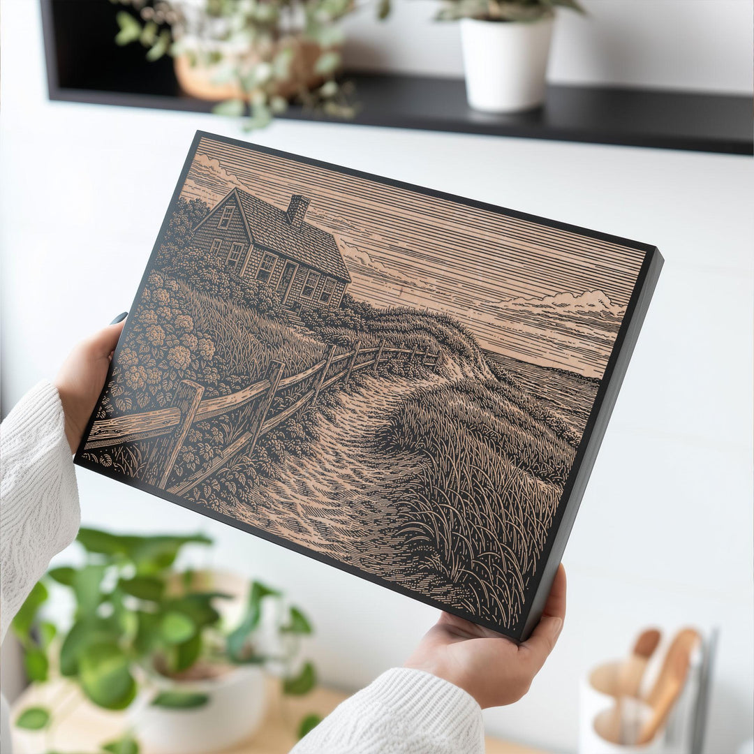 Coastal Cottage Engraved Birch Art Panel