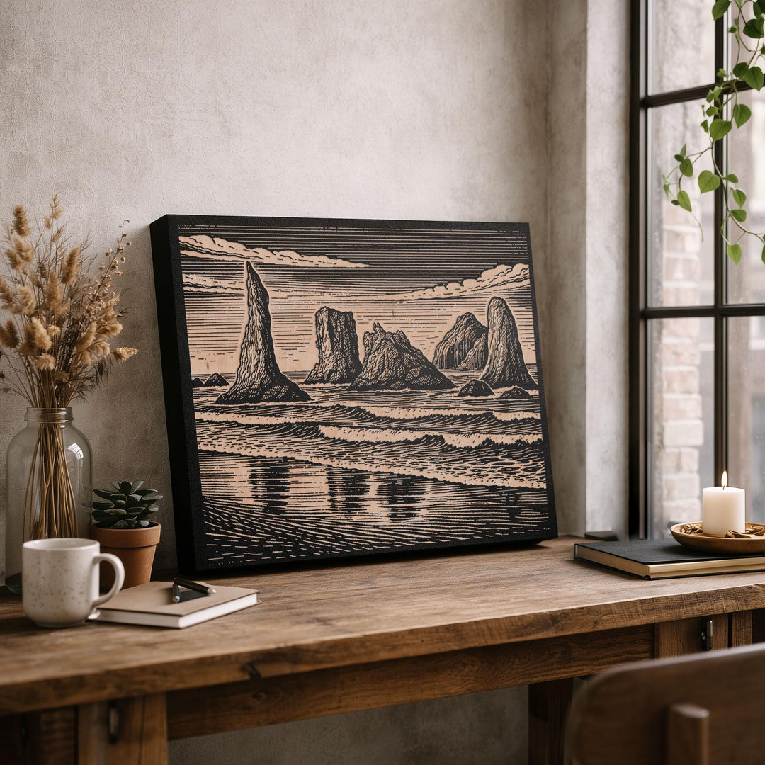 Bandon Beach Sea Stacks Engraved Birch Art Panel