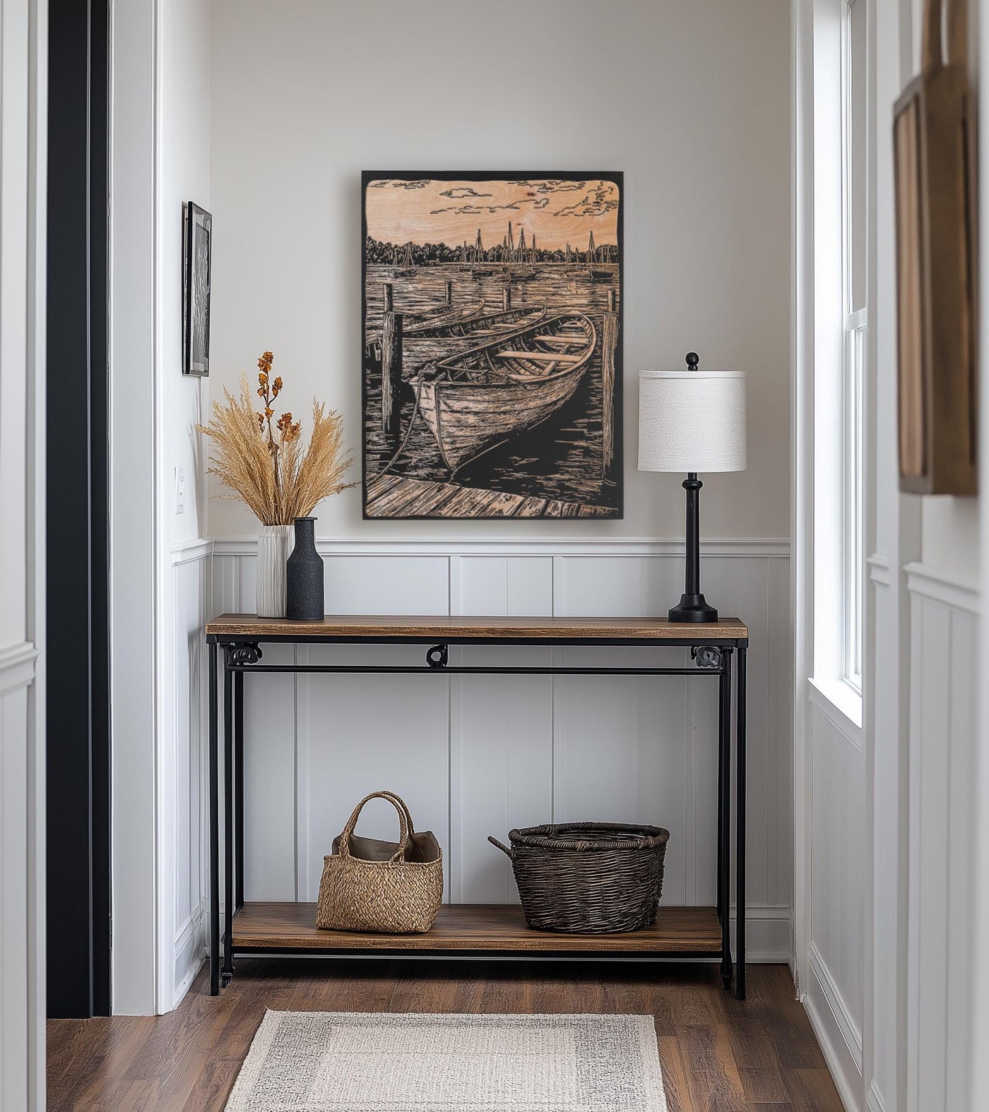 Wooden Row Boat in Marina Wall Art