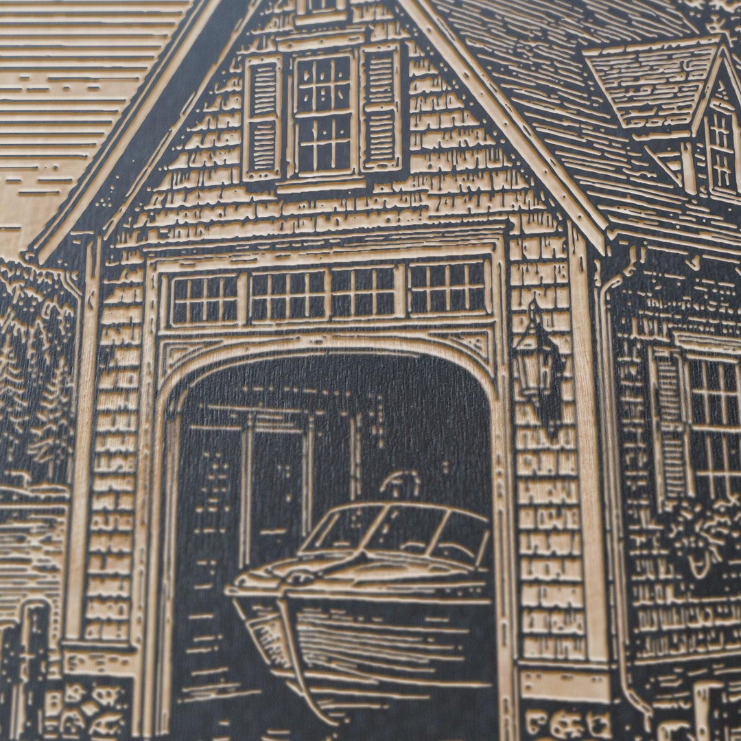 Lakeside Boathouse with Dock Engraved Illustration