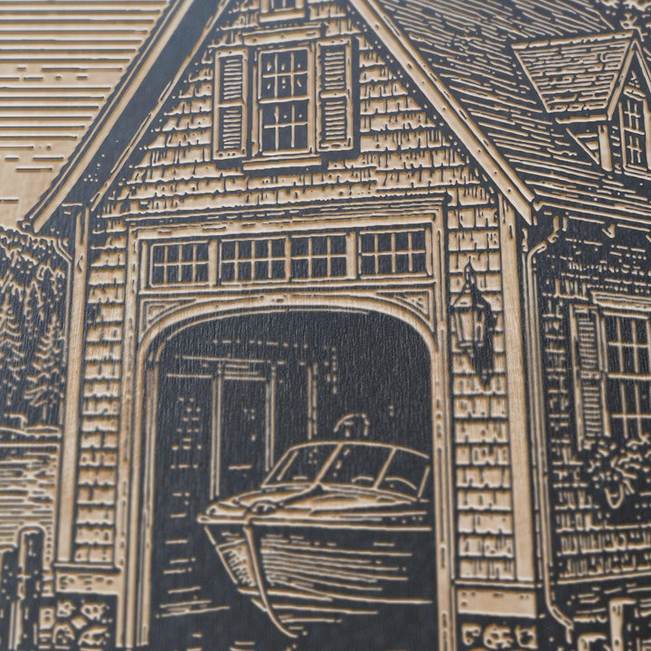 Lakeside Boathouse with Dock Engraved Illustration