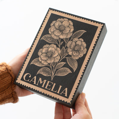 Camelia Floral Wall Art | Engraved Wood Lithograph Style Nature Illustration, Plant Flower Painting Mothers Gift, Vintage Alabama Stamp Art