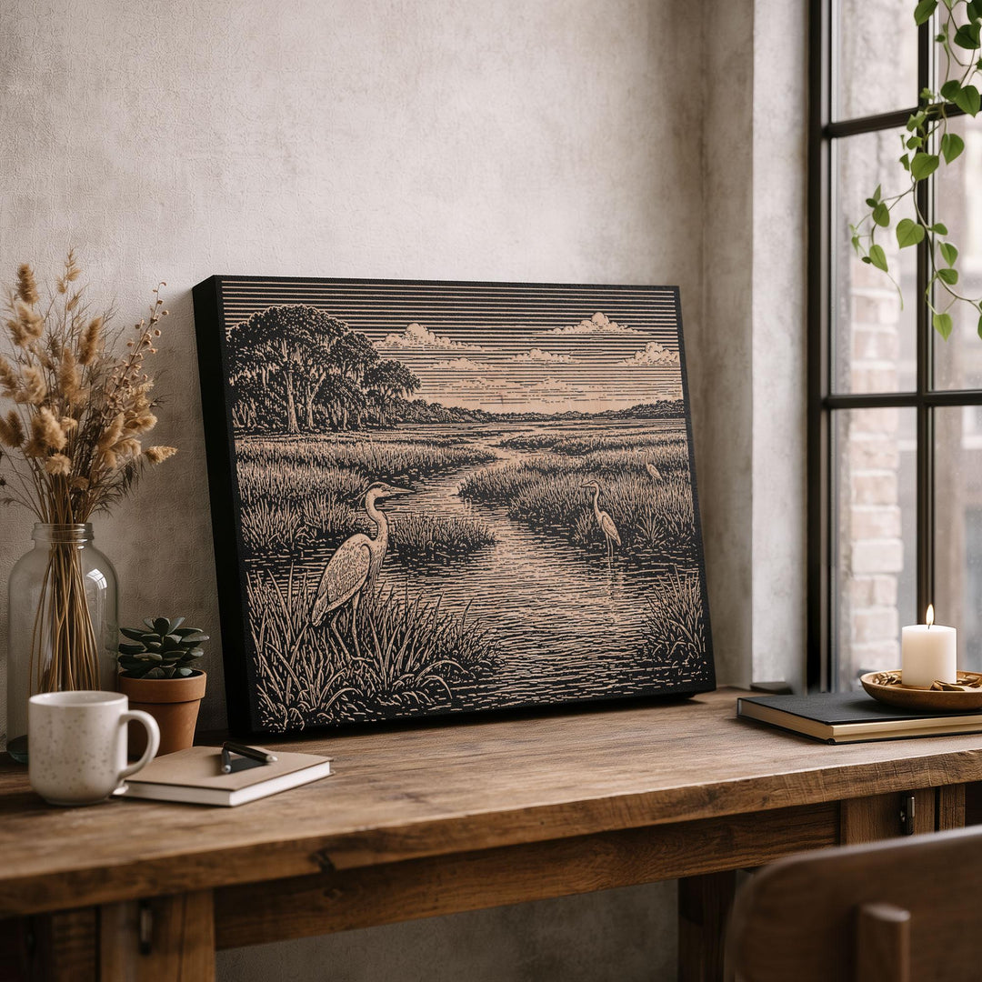 Lowcountry Marsh with Egrets Engraved Birch Art Panel