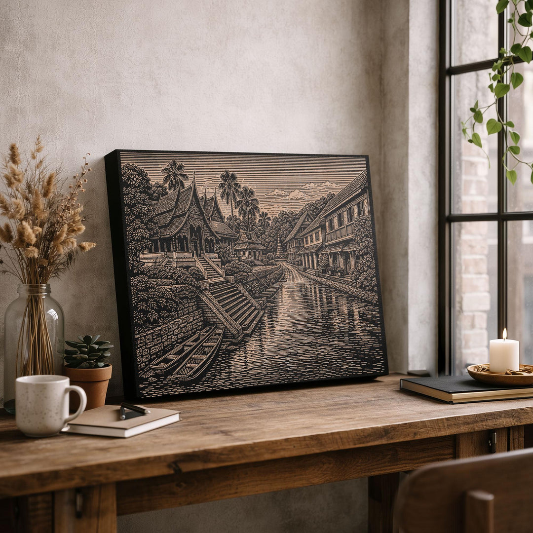 Luang Prabang Riverfront Engraved Birch Art Panel