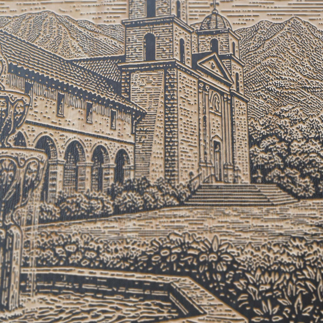 Santa Barbara Mission Garden Engraved Birch Art Panel