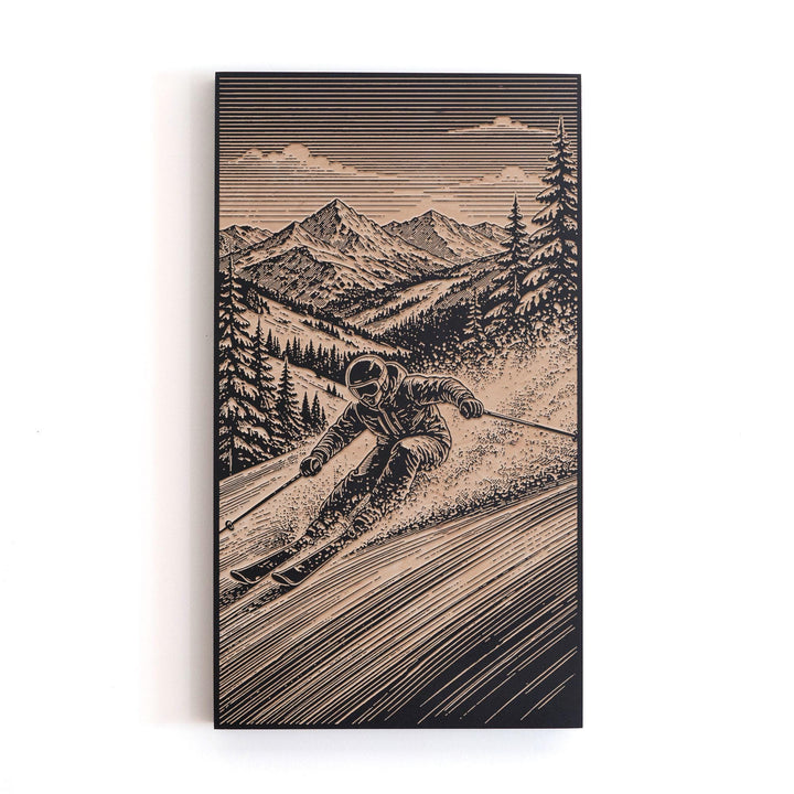 Alpine Skier Carving Engraved Illustration