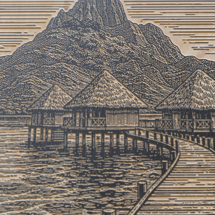 Bora Bora Bungalow Engraved Birch Art Panel