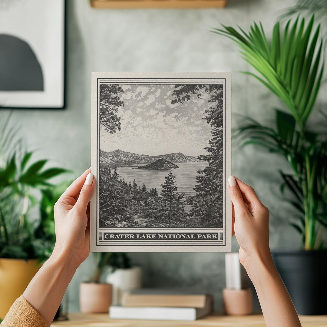 Crater Lake Park Lithograph Style Print - Vintage Oregon archival matte fine art print. Cascade Mountains Mount Mazama Wizard Island Gift.