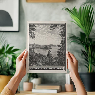 Crater Lake Park Lithograph Style Print - Vintage Oregon archival matte fine art print. Cascade Mountains Mount Mazama Wizard Island Gift.