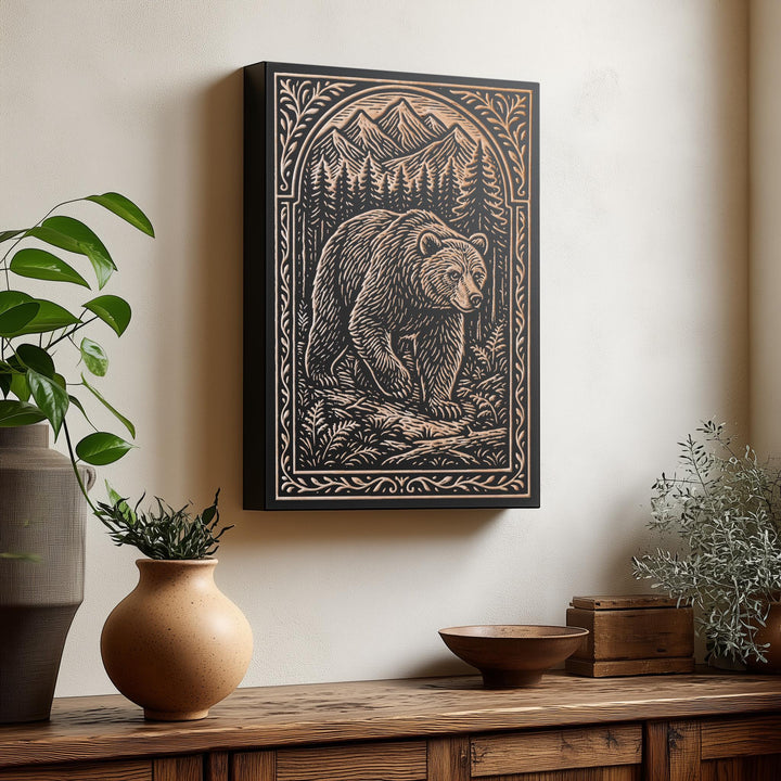 Bear in the Mountains Engraved Birch Illustration