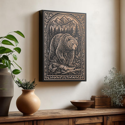 Bear in the Mountains Engraved Birch Illustration